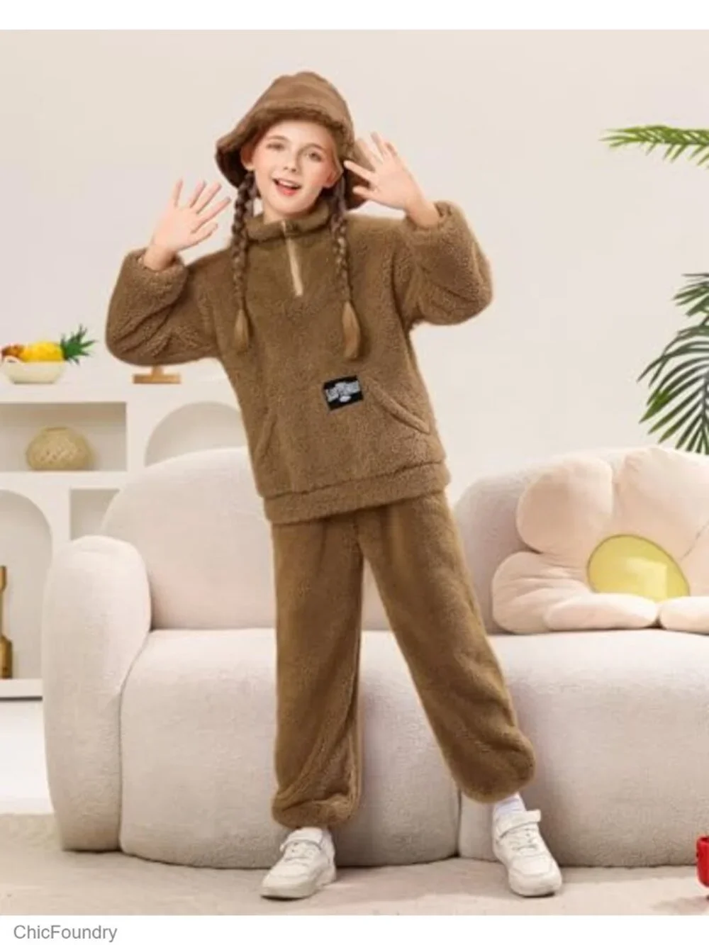 Girls 3 Piece Fuzzy Fleece Pants Set with Quarter-Zip and Hat